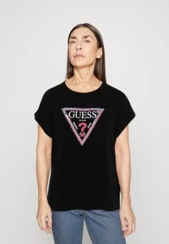 Guess 3D Flowers Triangle Tee - Print T-Shirt - Jet Black