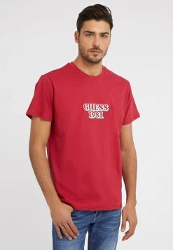 Guess Embro Box Logo Tee - Print T-Shirt - Rouge